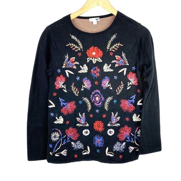 J Jill Sweater Size XS Womens Black Embroidered Cotton Floral Boho Knit Pullover - Picture 1 of 7